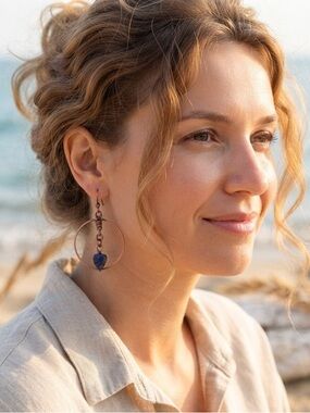 Handcrafted Copper Hoop Earrings with Blue Sodalite ok Stone